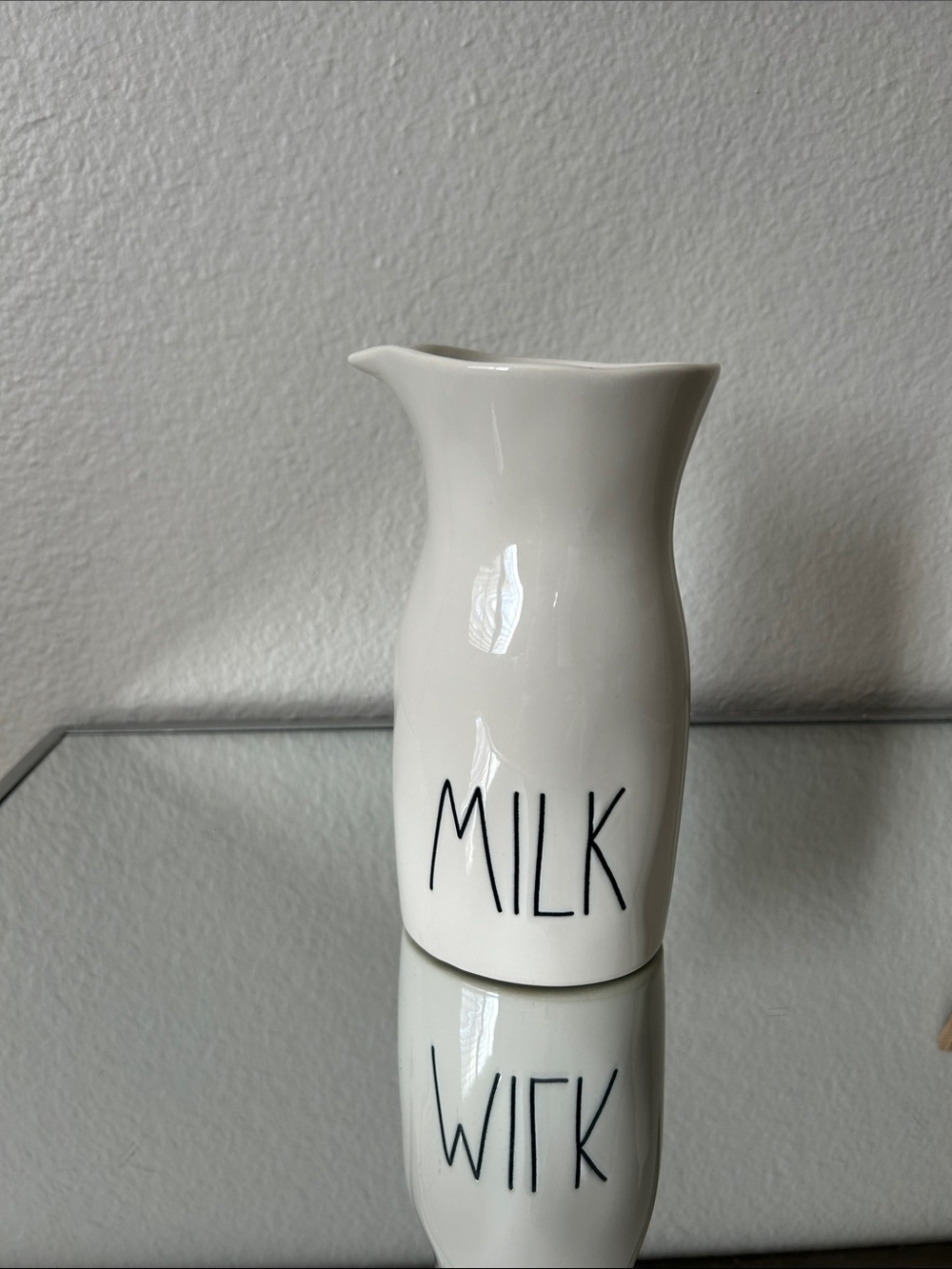 Rae Dunn White Milk Pitcher with Black Lettering, “MILK” EUC